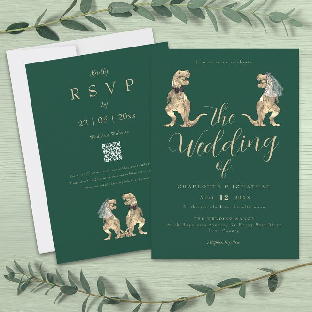 Convites Casamento Temático de Dinossauros Verde (Dinosaur theme wedding dark green QR code invitation funny T-Rex dino Bride & groom elegant script )