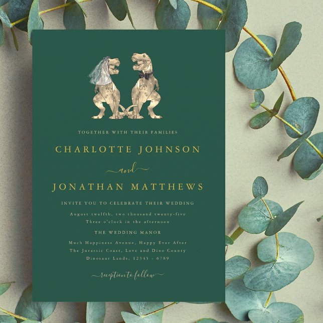 Convites Casamento Temático de Dinossauros Verde Dourado (Dinosaur theme wedding sage green invitation elegant modern fun T-Rex dino Bride and groom)