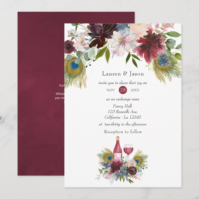 Convites Casamento Temático de Vinho com Pavão em Borgonha  (Frente/Verso)