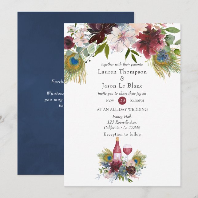 Convites Casamento Temático de Vinho com Pavão em Borgonha  (Frente/Verso)