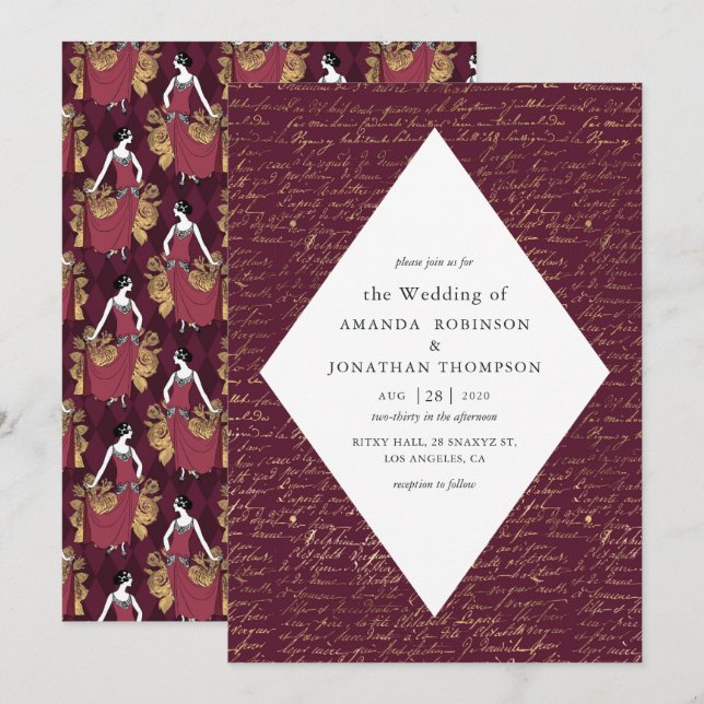 Convites Casamento Temático Paris Burgundy e Dourado com Ca (Frente/Verso)