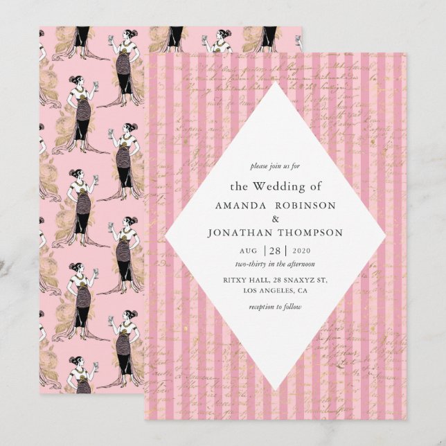 Convites Casamento Temático Parisiense com Caligrafia Rosa  (Frente/Verso)