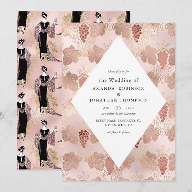 Convites Casamento temático Vinho Francês Rosa Dourado e Be (Frente/Verso)