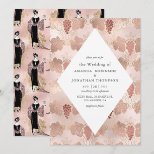 Convites Casamento temático Vinho Francês Rosa Dourado e Be