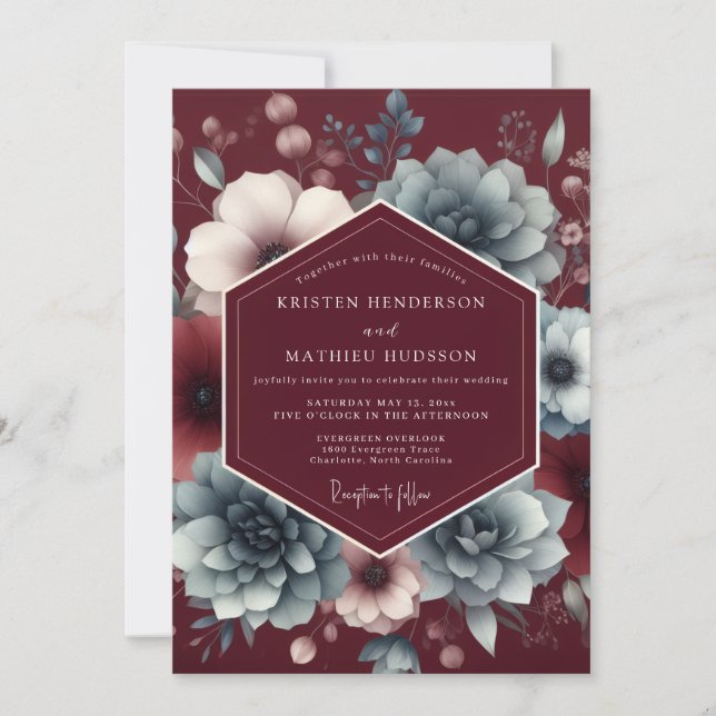Convites Casamento Temperamental em Slate Burgundy (Frente)