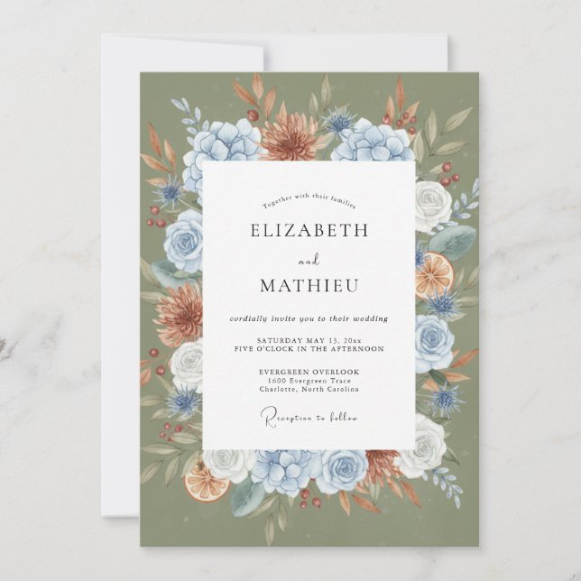 Convites Casamento Terra Cotta Azul Musgo Dahlia (Frente)
