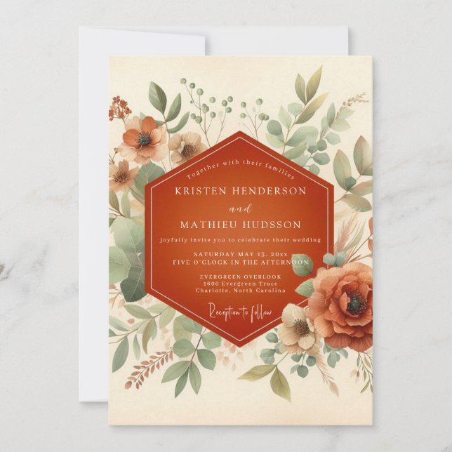 Convites Casamento Terracota Bohemian Bloom (Frente)