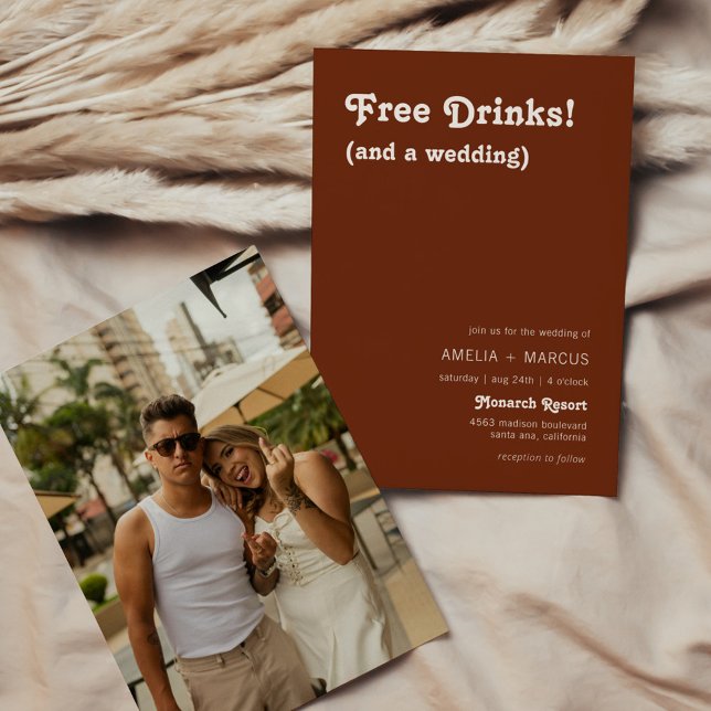Convites Casamento Terracota com Bebidas Grátis Retro Moder (Criador carregado)