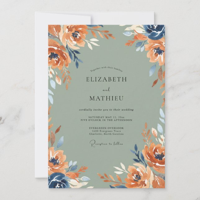 Convites Casamento Terracota Navy Bloom (Frente)