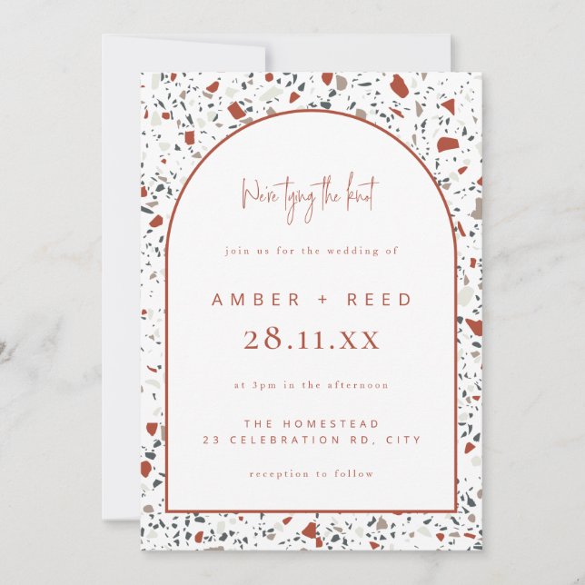 Convites Casamento Terrazzo Burnt Orange Rust Terracotta Ar (Frente)