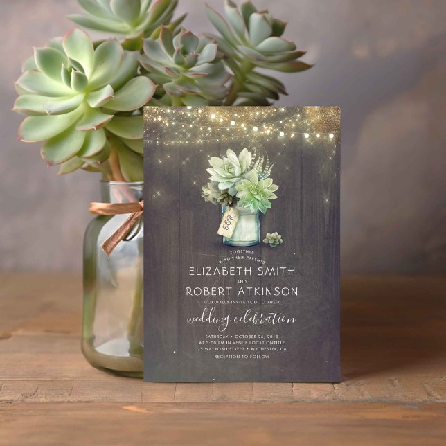 Convites Casamento Terrestre Buquê Russo Mason Jar (Succulents Mason Jar Vase Cute Rustic Country Wedding Invitation)