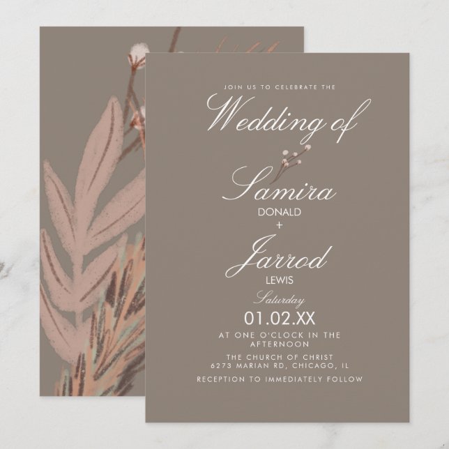 Convites Casamento Terroso de Algodão Pampas Moderno (Frente/Verso)