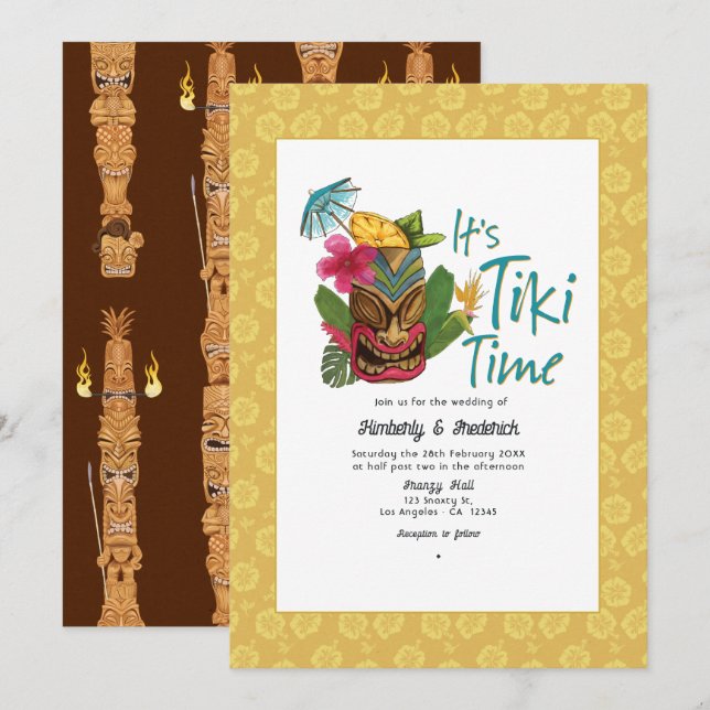 Convites Casamento Tiki Tropical Divertido (Frente/Verso)