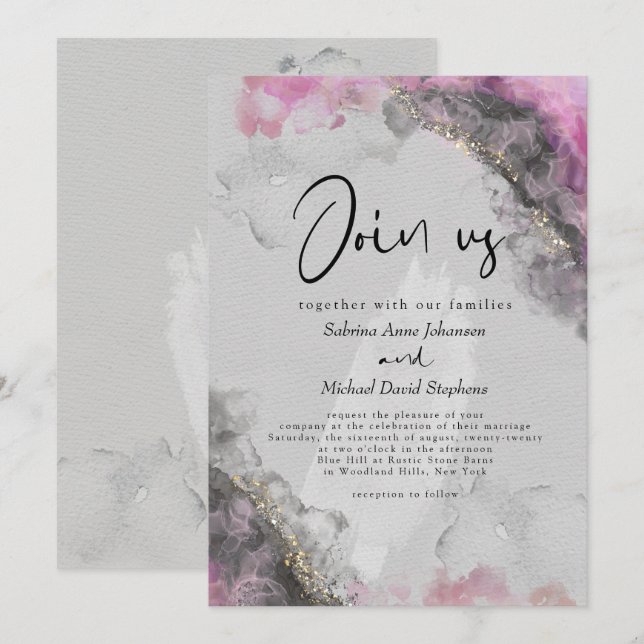 Convites CASAMENTO | Tinta Alcoólica Abstrata Rosa e Ônix (Frente/Verso)
