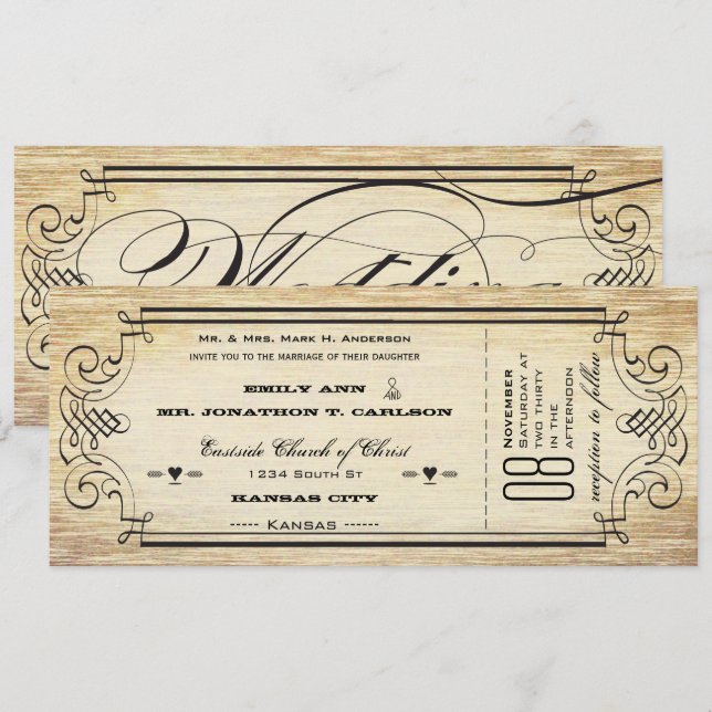 Convites Casamento Tipografia Floral Bilhete de Papel Antig (Frente/Verso)