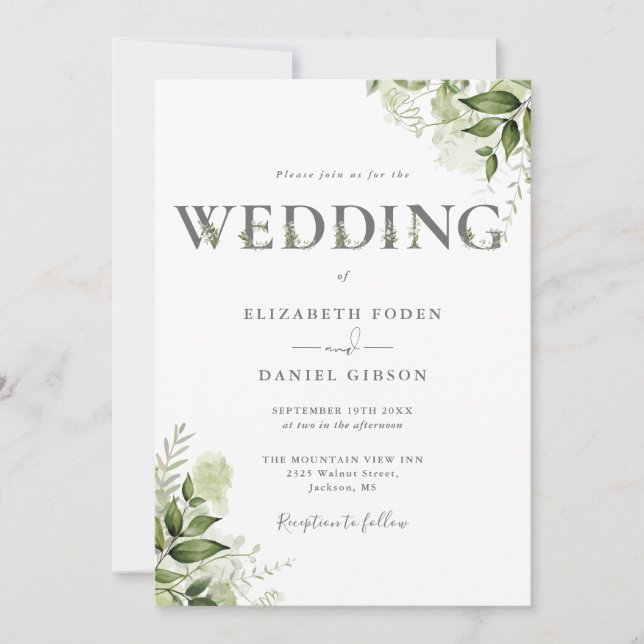 Convites Casamento Tipografia Floral Verde Elegante (Frente)