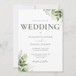 Convites Casamento Tipografia Floral Verde Elegante