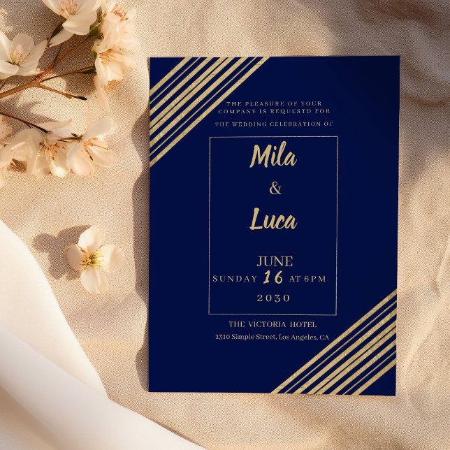 Convites Casamento tipografia geométrica azul naval dourada (Geometrical navy blue gold typography Wedding)