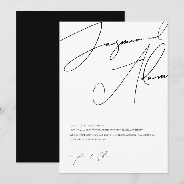 Convites Casamento Tipografia Script Preto Branco Minimalis (Frente/Verso)