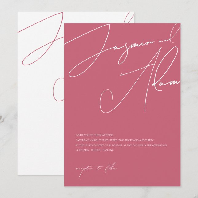 Convites Casamento Tipografia Script Rosa Magenta Mínimo (Frente/Verso)