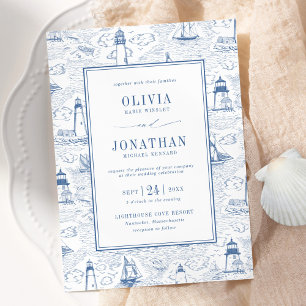 Convites Casamento Toile de Farol Chic Costeiro Azul