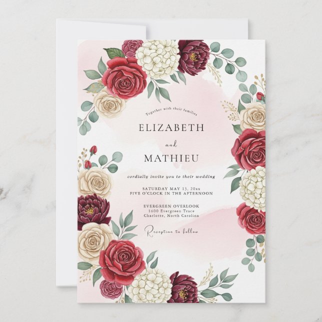 Convites Casamento Tradicional Burgundy Polido (Frente)