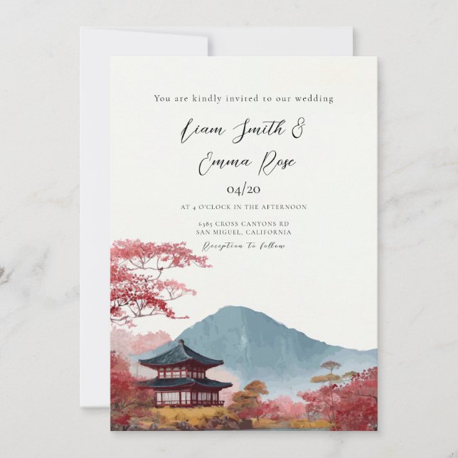Convites Casamento Tradicional com Paisagem Urbana Coreana (Frente)