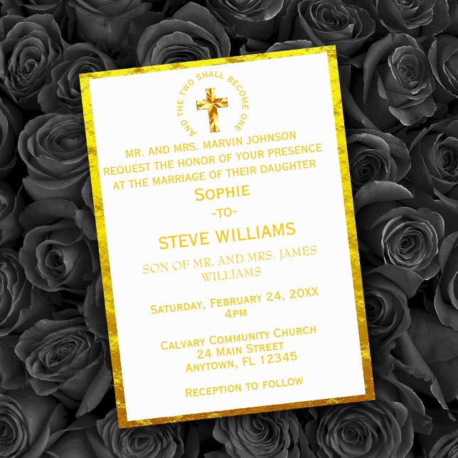 Convites Casamento Tradicional Cruz Cristã em Ouro (Traditional Gold Christian Cross Wedding Invitation)