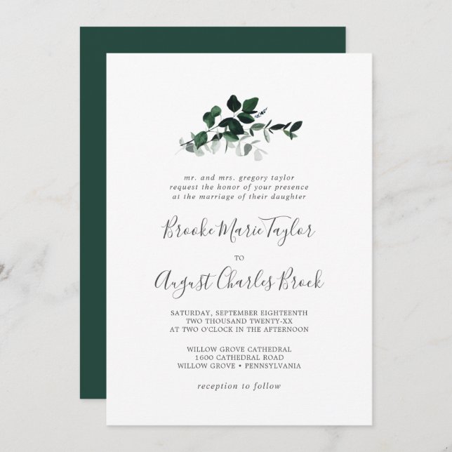 Convites Casamento Tradicional de Emerald Greenery (Frente/Verso)