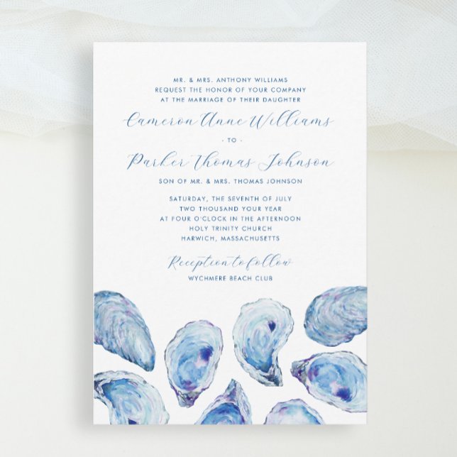 Convites Casamento tradicional de ostras de ostras azul for (Formal Blue Oyster Watercolor Wedding invitation for an elegant traditional church ceremony)