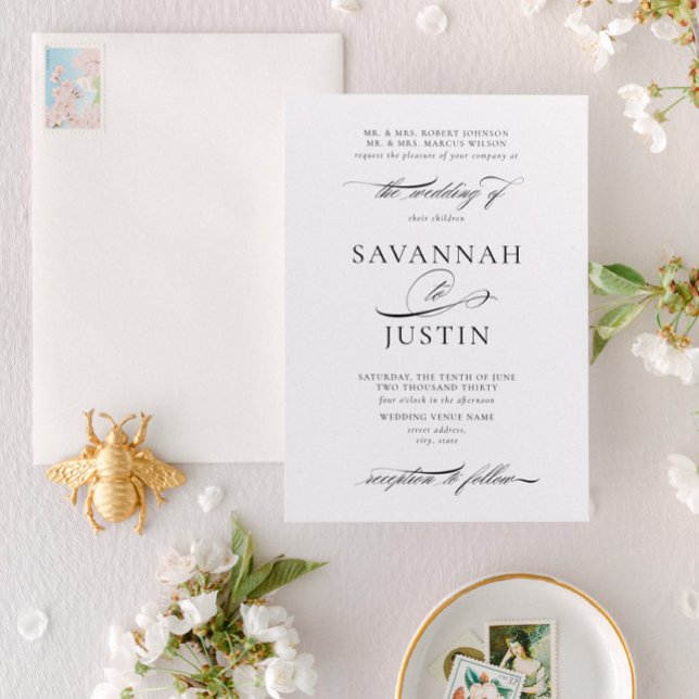 Convites Casamento tradicional de preto e branco (Designed for 2 sets of parents hosting the wedding)