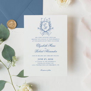 Convites Casamento Tradicional do Monograma Azul Elegante