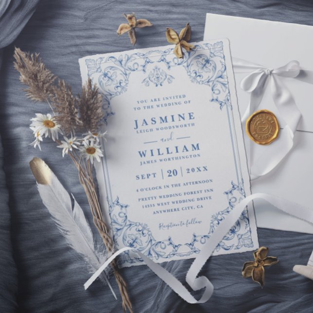 Convites Casamento Tradicional Elegante Azul e Branco com C (Criador carregado)