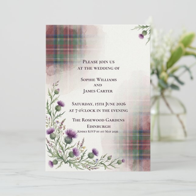Convites Casamento Tradicional Escocês Tartan Thistle (Em pé/Frente)