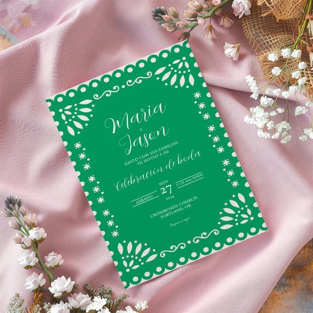Convites Casamento Tradicional Espanhol em Papel Picado Ver (Green Papel Picado Traditional Spanish Wedding Invitation)