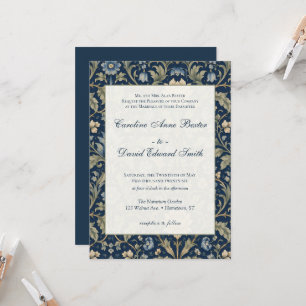 Convites Casamento Tradicional Floral Art Nouveau Azul Mari