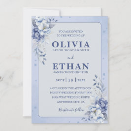 Convites Casamento Tradicional Floral em Azul Elegante com 