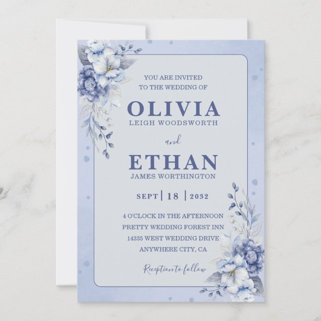 Convites Casamento Tradicional Floral em Azul Elegante com  (Frente)