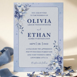 Convites Casamento Tradicional Floral em Azul Elegante com