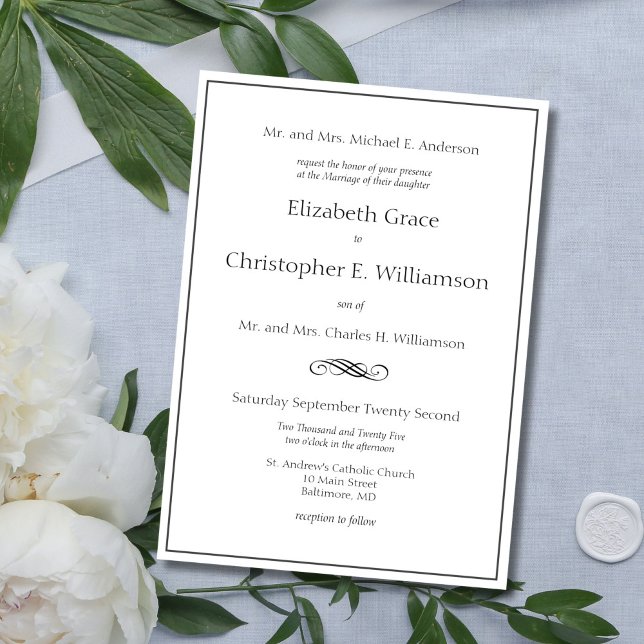 Convites Casamento Tradicional Formal Clássico Ambos os Pai (Traditional Classic Black White Formal wedding invitation. Both parents names)