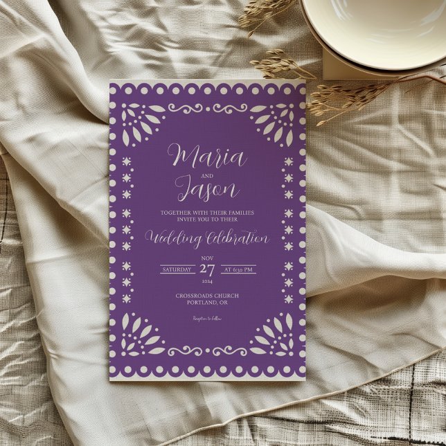 Convites Casamento Tradicional Papel Picado Roxo Mexicano (Mexican Purple Papel Picado Traditional Wedding Invitation)