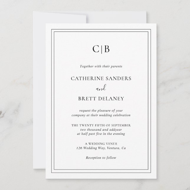 Convites Casamento Tradicional Preto e Branco Tudo em Um (Frente)