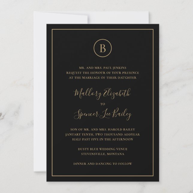 Convites Casamento Tradicional Preto e Dourado Tudo em Um (Frente)