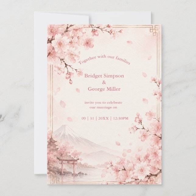 Convites Casamento Tradicional Sakura Monte fuji Elegância (Frente)