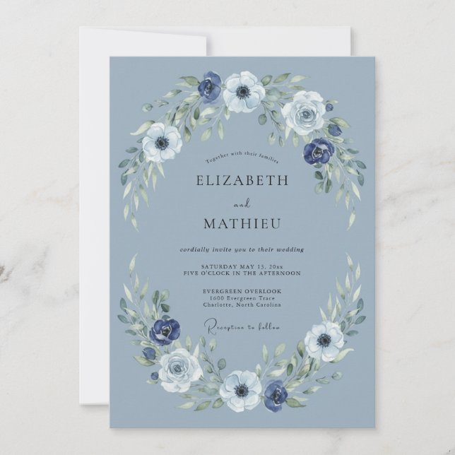 Convites Casamento Tranquilo de Inverno em Azul Empoeirado (Frente)