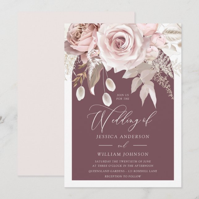 Convites Casamento Trendy Berry Blush & Ivory Boho (Frente/Verso)