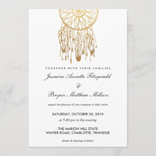 Convites Casamento Tribal Boho Dreamcatcher Faux Gold Foil