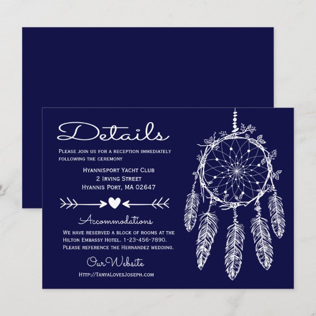 Convites Casamento Tribal de Dreamcatcher Marinho Boho (Frente/Verso)