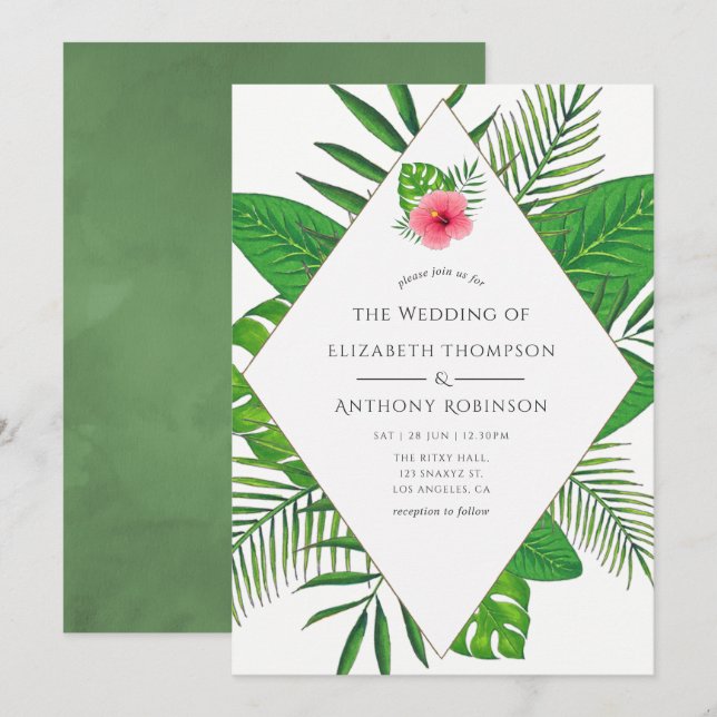 Convites Casamento Tropical à Beira-Mar com Aquarela (Frente/Verso)