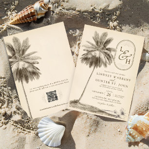 Convites Casamento Tropical à Beira-Mar com Palmeira Vintag